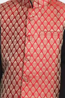  Black, Maroon And Gold Silk Blend Jacket, Kurta And Pyjama Set