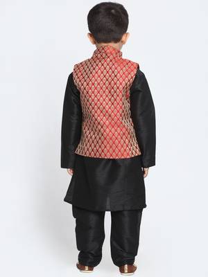  Black, Maroon And Gold Silk Blend Jacket, Kurta And Pyjama Set 4