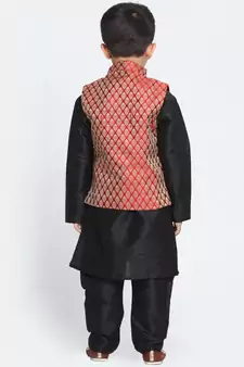  Black, Maroon And Gold Silk Blend Jacket, Kurta And Pyjama Set