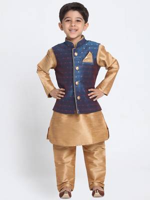  Rose Gold And Persian Blue Silk Blend Jacket, Kurta And Pyjama Set 1
