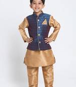  Rose Gold And Persian Blue Silk Blend Jacket, Kurta And Pyjama Set