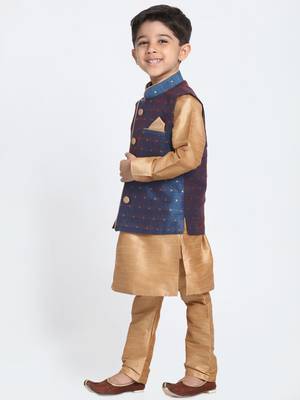  Rose Gold And Persian Blue Silk Blend Jacket, Kurta And Pyjama Set 2
