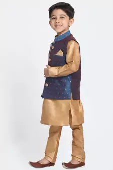  Rose Gold And Persian Blue Silk Blend Jacket, Kurta And Pyjama Set