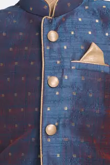  Rose Gold And Persian Blue Silk Blend Jacket, Kurta And Pyjama Set