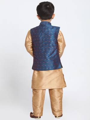  Rose Gold And Persian Blue Silk Blend Jacket, Kurta And Pyjama Set 4