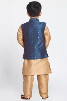  Rose Gold And Persian Blue Silk Blend Jacket, Kurta And Pyjama Set