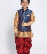  Rose Gold, Persian Blue And Maroon Silk Blend Jacket, Kurta And Dhoti Set