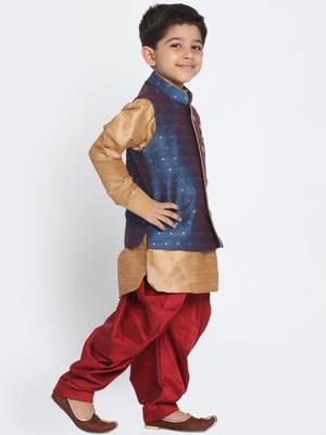  Rose Gold, Persian Blue And Maroon Silk Blend Jacket, Kurta And Dhoti Set 2