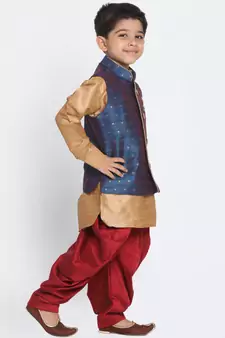  Rose Gold, Persian Blue And Maroon Silk Blend Jacket, Kurta And Dhoti Set