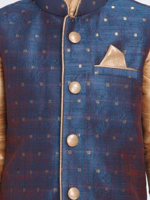  Rose Gold, Persian Blue And Maroon Silk Blend Jacket, Kurta And Dhoti Set 3