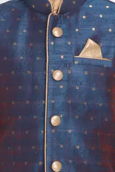  Rose Gold, Persian Blue And Maroon Silk Blend Jacket, Kurta And Dhoti Set