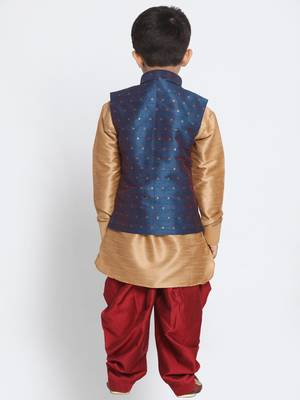  Rose Gold, Persian Blue And Maroon Silk Blend Jacket, Kurta And Dhoti Set 4