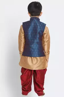  Rose Gold, Persian Blue And Maroon Silk Blend Jacket, Kurta And Dhoti Set