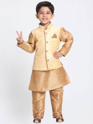  Rose Gold Silk Blend Jacket, Kurta And Pyjama Set 1
