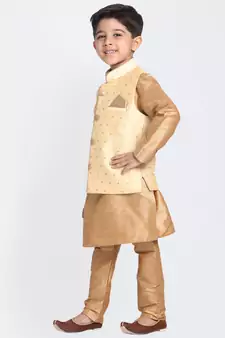  Rose Gold Silk Blend Jacket, Kurta And Pyjama Set