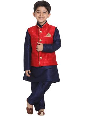  Maroon And Navy Blue Silk Blend Jacket, Kurta And Pyjama Set 1