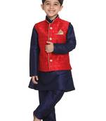  Maroon And Navy Blue Silk Blend Jacket, Kurta And Pyjama Set