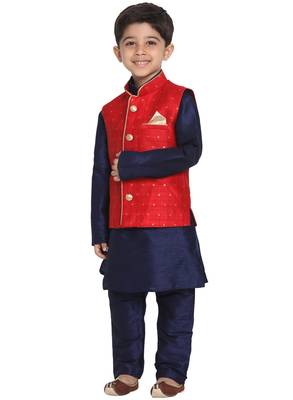  Maroon And Navy Blue Silk Blend Jacket, Kurta And Pyjama Set 2
