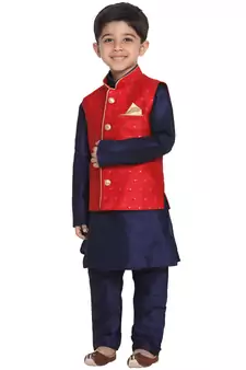  Maroon And Navy Blue Silk Blend Jacket, Kurta And Pyjama Set