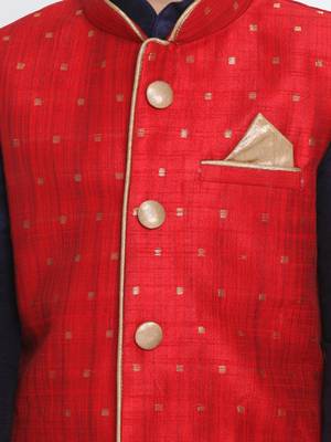  Maroon And Navy Blue Silk Blend Jacket, Kurta And Pyjama Set 3