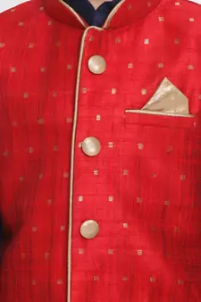  Maroon And Navy Blue Silk Blend Jacket, Kurta And Pyjama Set
