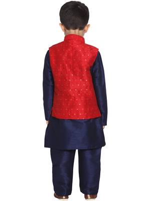  Maroon And Navy Blue Silk Blend Jacket, Kurta And Pyjama Set 4