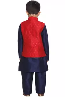 Maroon And Navy Blue Silk Blend Jacket, Kurta And Pyjama Set