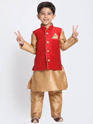  Maroon And Rose Gold Silk Blend Jacket, Kurta And Pyjama Set 1