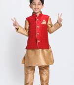  Maroon And Rose Gold Silk Blend Jacket, Kurta And Pyjama Set