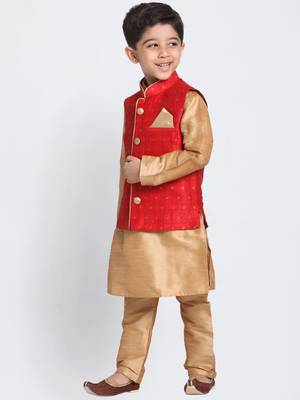 Maroon And Rose Gold Silk Blend Jacket, Kurta And Pyjama Set 2