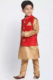  Maroon And Rose Gold Silk Blend Jacket, Kurta And Pyjama Set