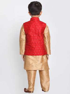  Maroon And Rose Gold Silk Blend Jacket, Kurta And Pyjama Set 4