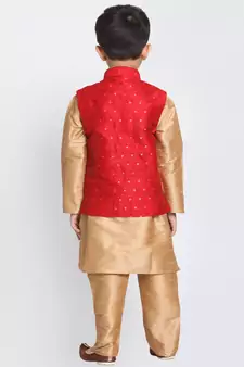  Maroon And Rose Gold Silk Blend Jacket, Kurta And Pyjama Set