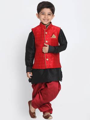  Maroon And Black Silk Blend Jacket, Kurta And Dhoti Set 1