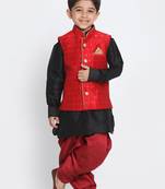  Maroon And Black Silk Blend Jacket, Kurta And Dhoti Set