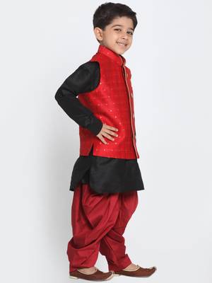  Maroon And Black Silk Blend Jacket, Kurta And Dhoti Set 2