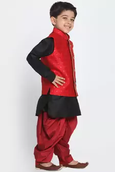 Maroon And Black Silk Blend Jacket, Kurta And Dhoti Set