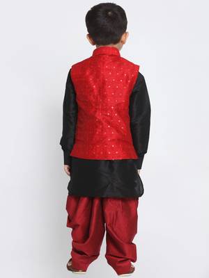 Maroon And Black Silk Blend Jacket, Kurta And Dhoti Set 4