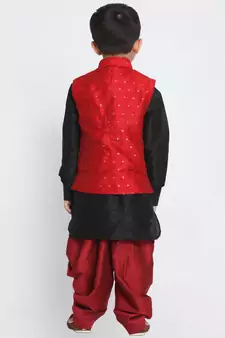  Maroon And Black Silk Blend Jacket, Kurta And Dhoti Set