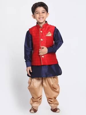  Maroon, Navy Blue And Rose Gold Silk Blend Jacket, Kurta And Dhoti Set 1
