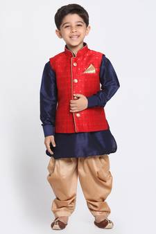 Boys Maroon, Navy Blue And Rose Gold Silk Blend Jacket, Kurta And Dhoti Set