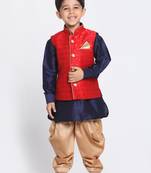  Maroon, Navy Blue And Rose Gold Silk Blend Jacket, Kurta And Dhoti Set