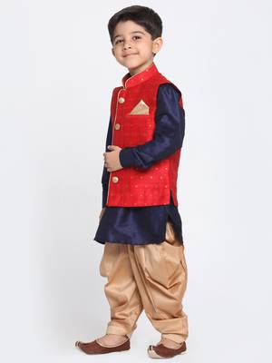  Maroon, Navy Blue And Rose Gold Silk Blend Jacket, Kurta And Dhoti Set 2