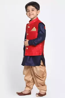  Maroon, Navy Blue And Rose Gold Silk Blend Jacket, Kurta And Dhoti Set