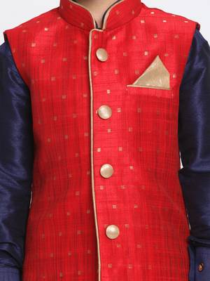  Maroon, Navy Blue And Rose Gold Silk Blend Jacket, Kurta And Dhoti Set 3