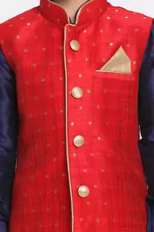  Maroon, Navy Blue And Rose Gold Silk Blend Jacket, Kurta And Dhoti Set