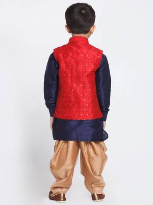  Maroon, Navy Blue And Rose Gold Silk Blend Jacket, Kurta And Dhoti Set 4
