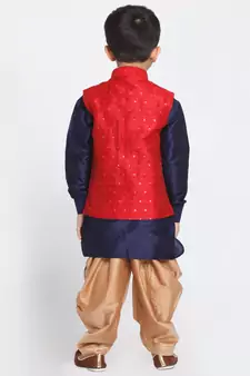  Maroon, Navy Blue And Rose Gold Silk Blend Jacket, Kurta And Dhoti Set