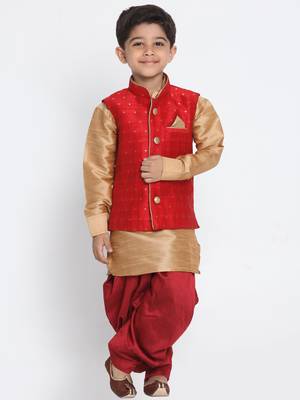  Maroon And Rose Gold Silk Blend Jacket, Kurta And Dhoti Set 1