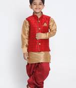  Maroon And Rose Gold Silk Blend Jacket, Kurta And Dhoti Set